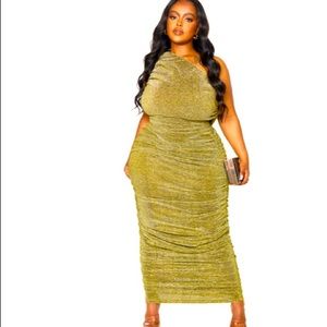 PLT Gold Glitter Plisse Ruched one shoulder Midi dress